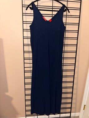 Liz Claiborne Navy Maxi Dress with Tie Shoulder Straps and Beaded Bodice